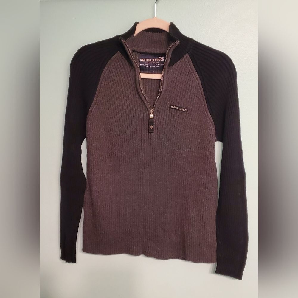 Nautica Jeans Co Gray And Black 1/4 zipper Knit Long Sleeve Sweater Pullower MEN